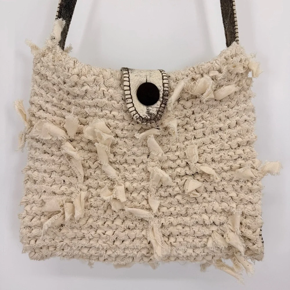 Handmade Boho Crochet Crossbody Bag Leather Trim‎ Satin Lined Neutral Rustic - Picture 2 of 15